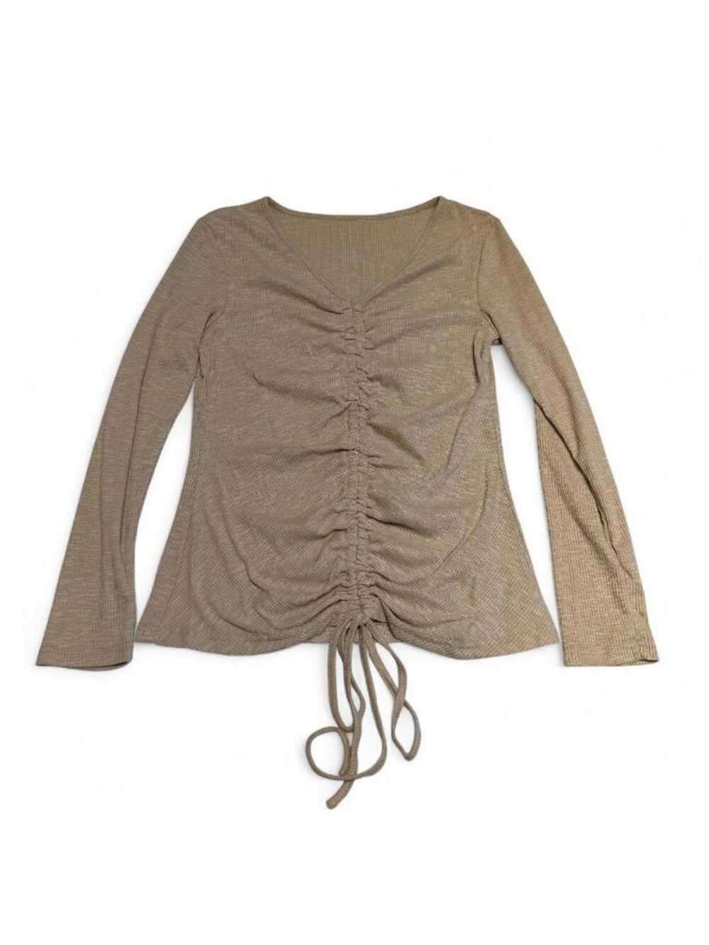 3/$20 Ruched Ribbed Long Sleeve T-Shirt Blouse Women's Medium Normcore Tan Beige